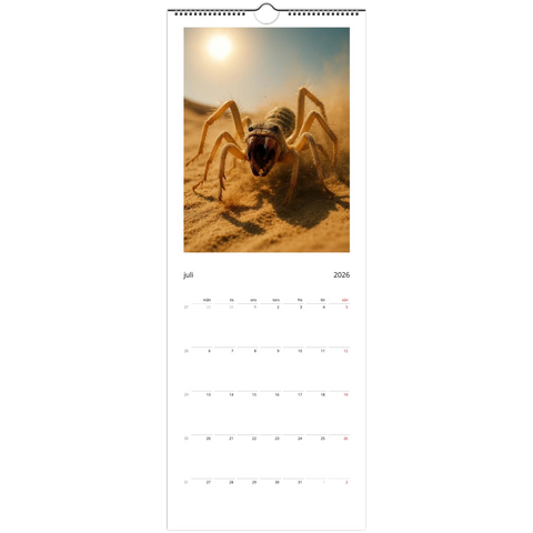 Spindelkalender 2026: Stor spindel i öknen med sol i bakgrunden, juli månad.