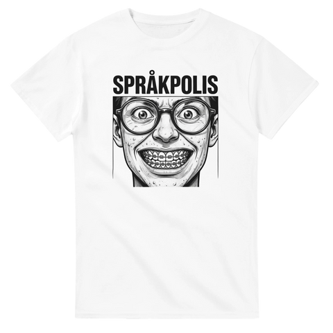 Grafisk illustration av en stirrande karaktär med texten Språkpolis – rolig t-shirt