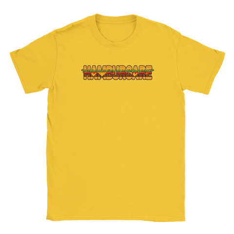 Gul t-shirt med färgstarkt grafiskt tryck föreställande en stor hamburgare