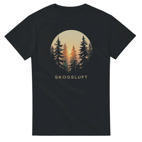 Vintageinspirerat tryck med skog och sol på svart t-shirt