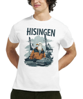 Man bär en vit t-shirt med retro motiv av kranar och veteranbil från Hisingen