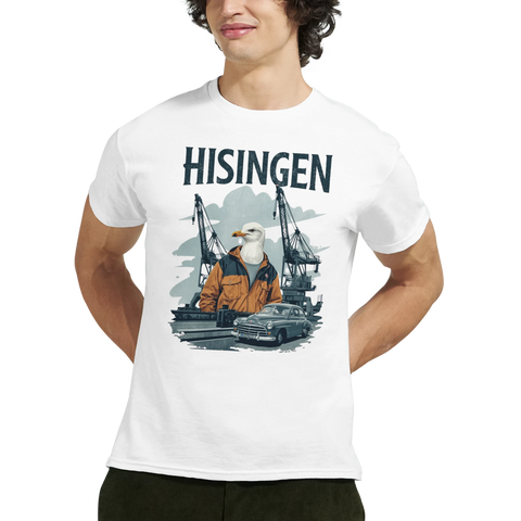 Man bär en vit t-shirt med retro motiv av kranar och veteranbil från Hisingen
