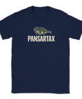 Tecknad pansartax (dinosaurie) och text "PANSARTAX" på marinblå t-shirt.
