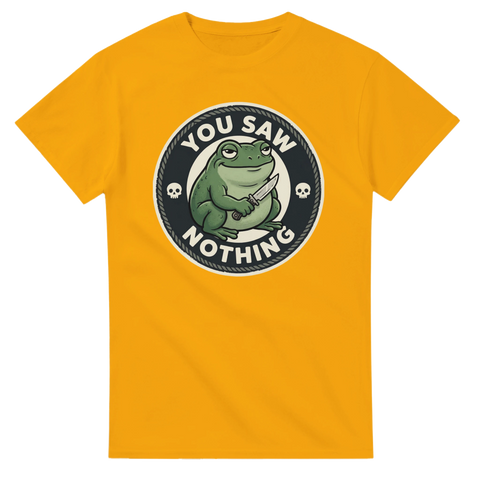 Gul t-shirt med cirkulär illustration av en groda med kniv
