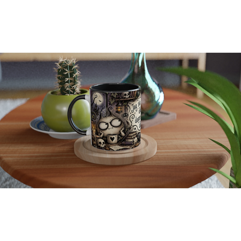 Mugg med texten Jag ska inte ha en dålig dag och gotiska fantasifigurer.