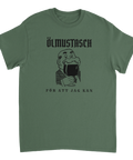 Ölmustasch-tryck med tecknad gubbe drickandes öl och texten "FÖR ATT JAG KAN" på mörkgrön t-shirt.