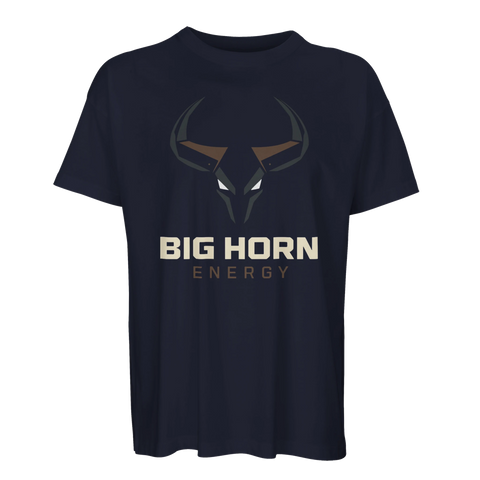 Marinblå oversized t-shirt med grafiskt tjurhuvud och texten Big Horn Energy