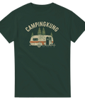 Retroinspirerad illustration av husvagn med texten Campingkung på mörkgrön t-shirt