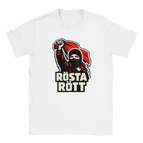 Vit t-shirt med grafiskt statement-tryck i rött och svart