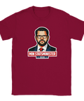 Vinröd t-shirt med kaxig kampanjillustration och tydlig politisk attityd