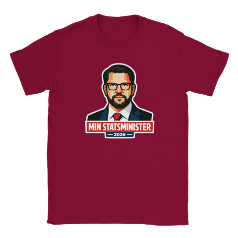 Vinröd t-shirt med kaxig kampanjillustration och tydlig politisk attityd