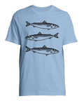 Marint tryck av makrillstim i minimalistisk stil – ljusblå t-shirt