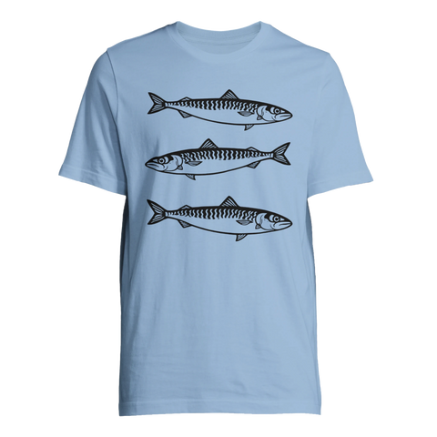 Marint tryck av makrillstim i minimalistisk stil – ljusblå t-shirt