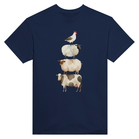 Bondgårdsdjur i akvarell, staplade på varandra, på marinblå t-shirt.