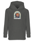 Mjaustronaut-tryck med orange katt i rymdhjälm på mörkgrå barnhoodie med luva och magficka.