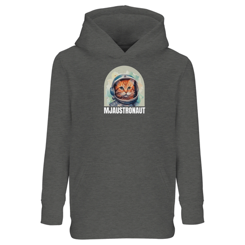 Mjaustronaut-tryck med orange katt i rymdhjälm på mörkgrå barnhoodie med luva och magficka.