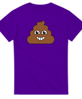 Glad bajsemoji med ögon och tänder på lila t-shirt.