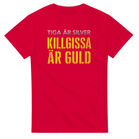 Satirisk t-shirt med humoristiskt citat om killgissningar i röd färg