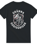 Mörk grafisk illustration av vildsvinsskelett med polkagrisbetar på svart t-shirt