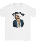 Illustrerad t-shirt med en man som skriker ut ordet freedom