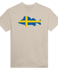 T-shirt med nostalgisk fiskillustration i blått och gult på sandfärgat tyg