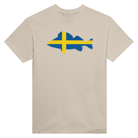 T-shirt med nostalgisk fiskillustration i blått och gult på sandfärgat tyg