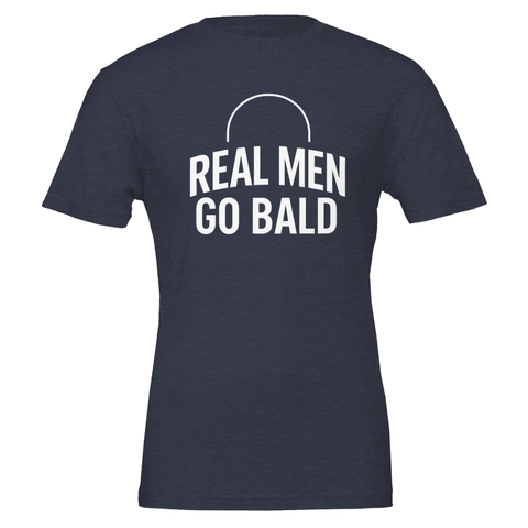 Minimalistisk textdesign med budskap om flintskallighet på marinblå t-shirt