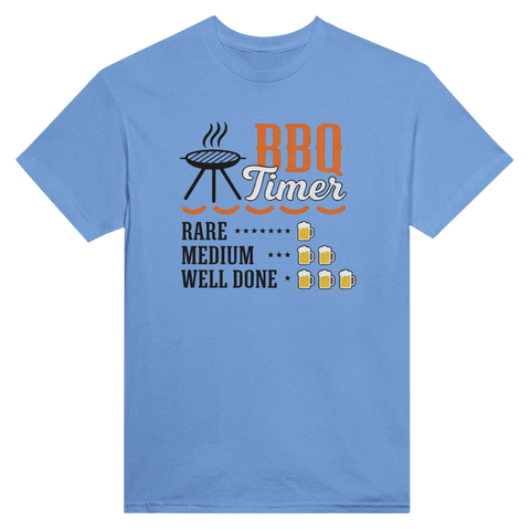 Ljusblå t-shirt med grafiskt grillmotiv och texten BBQ Timer