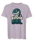 Tecknad grön ål med texten "EDDIE EEL" på ljuslila ekologisk oversized t-shirt.