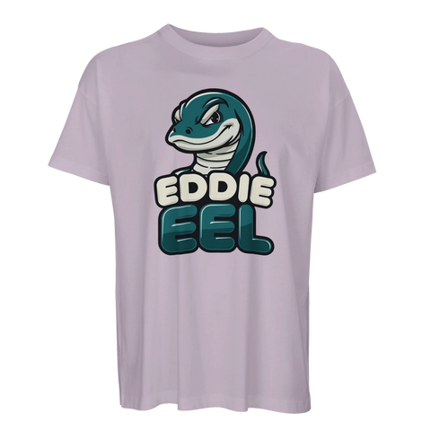 Tecknad grön ål med texten "EDDIE EEL" på ljuslila ekologisk oversized t-shirt.