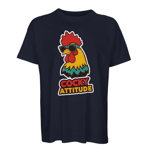 Marinblå t-shirt med provokativt motiv och texten Cocky Attitude