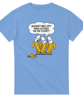Rolig t-shirt med banan-illustration och citat på ljusblå bakgrund