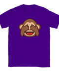 Apan som håller för ögonen emoji på lila t-shirt.