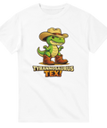 Vit t-shirt med roligt motiv av en Tyrannosaurus Tex i stövlar