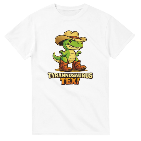 Vit t-shirt med roligt motiv av en Tyrannosaurus Tex i stövlar