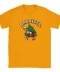 Orangegul t-shirt med en kaffeserverande julgran och texten ”Barrista”.