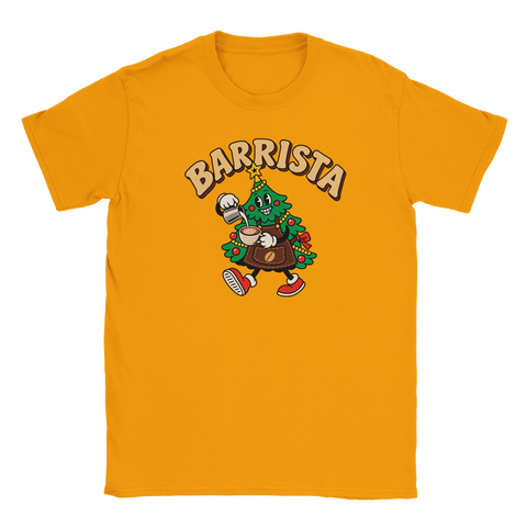 Orangegul t-shirt med en kaffeserverande julgran och texten ”Barrista”.