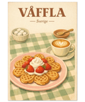 Illustration av hjärtvåfflor med grädde och jordgubbar bredvid en kopp kaffe på en grönrutig duk i retrostil.
