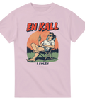 Ljusrosa t-shirt med nostalgisk 50-talsstil och motiv av en man i solen