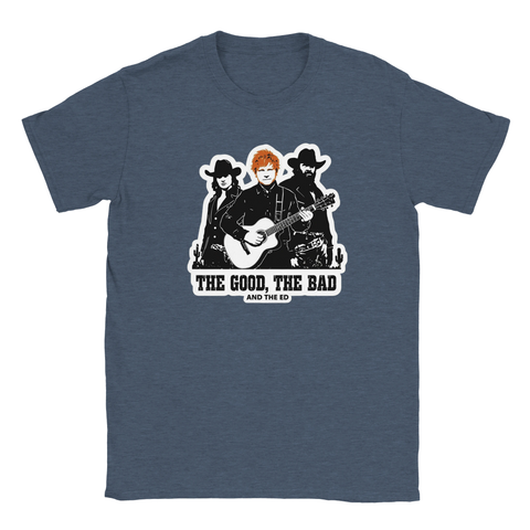 Illustrerad t-shirt med westernmotiv och Ed Sheeran på blåmelerad bakgrund