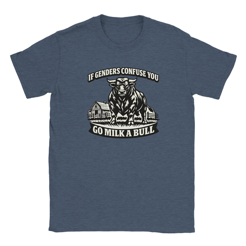 Respektlös statement-design med rustikt motiv tryckt på mörkblå t-shirt