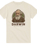 Vintage porträtt av Charles Darwin på naturvit t-shirt med texten Naturligt urval