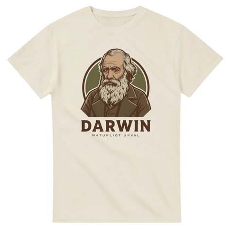 Vintage porträtt av Charles Darwin på naturvit t-shirt med texten Naturligt urval