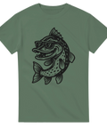 Grön T-shirt med svartvit tecknad gädda i solglasögon