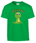 Tecknad grön dinosaurie med text "BABYSAURUS" på grön barntröja.