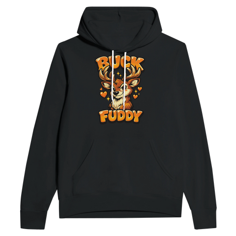 Humoristisk hjortdesign med texten Buck Fuddy på svart hoodie.