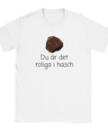 Vit t-shirt med en tecknad bit hasch i tydlig grafisk stil
