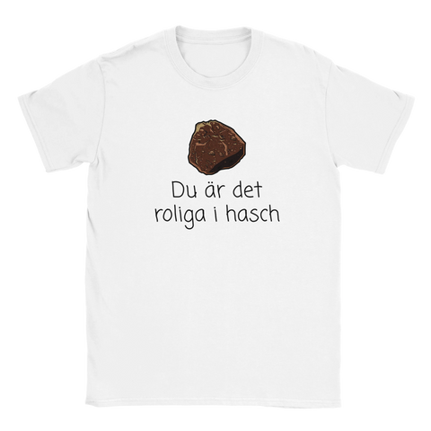 Vit t-shirt med en tecknad bit hasch i tydlig grafisk stil