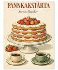 Närbild på en pannkakstårta poster med texten Pannkakstårta Svensk klassiker i bruna toner på beige bakgrund.