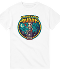 Lekfull halloween t-shirt med färgglatt skelettmotiv i klassisk serietidningsstil
